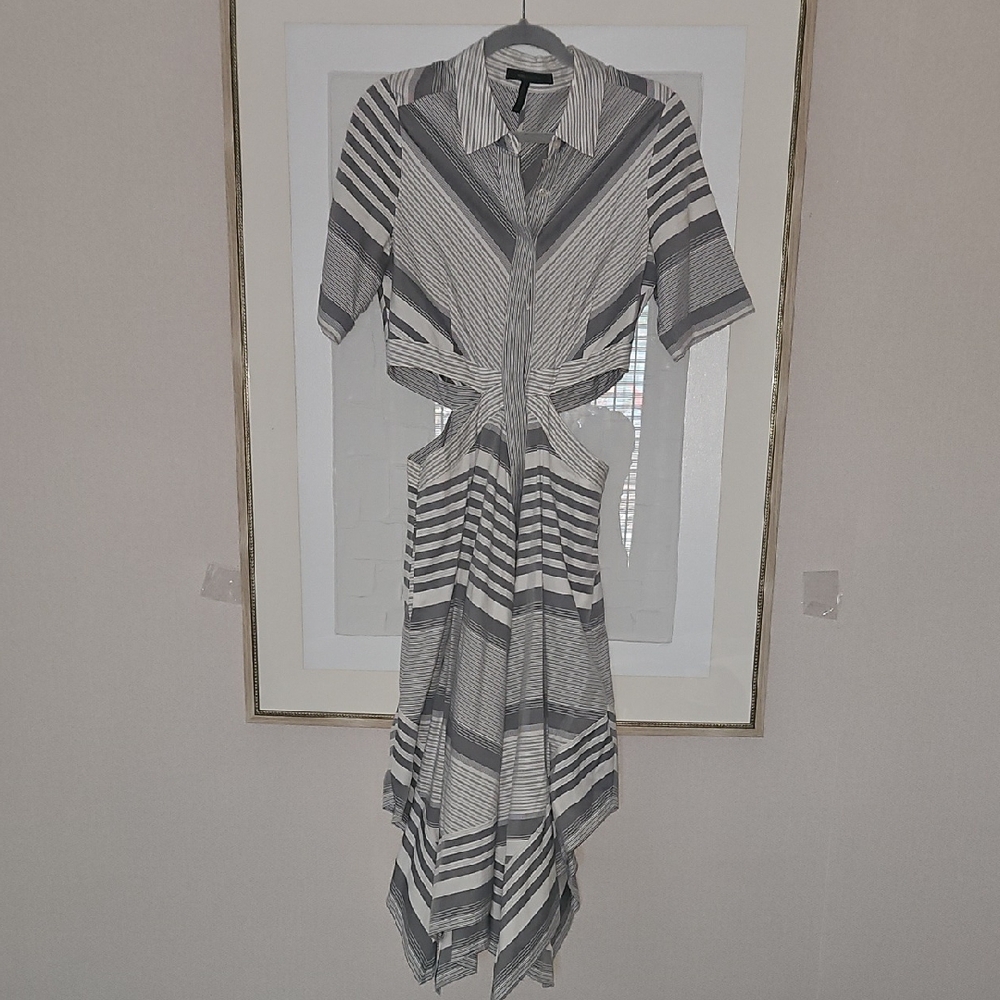 BCBGMaxAzria Asymmetrical Striped Dress in Gray and White